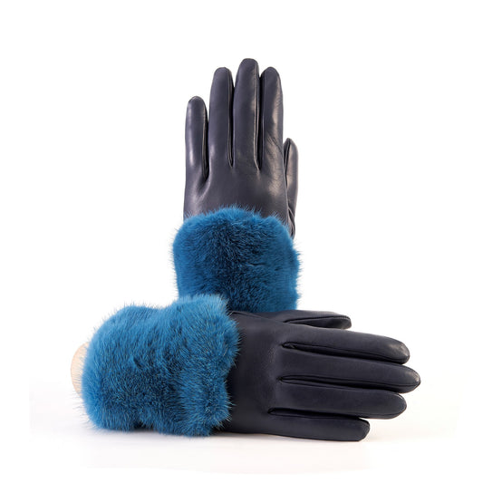 Women's blue marine nappa leather gloves with a wide real fur panel on the top and cashmere lined