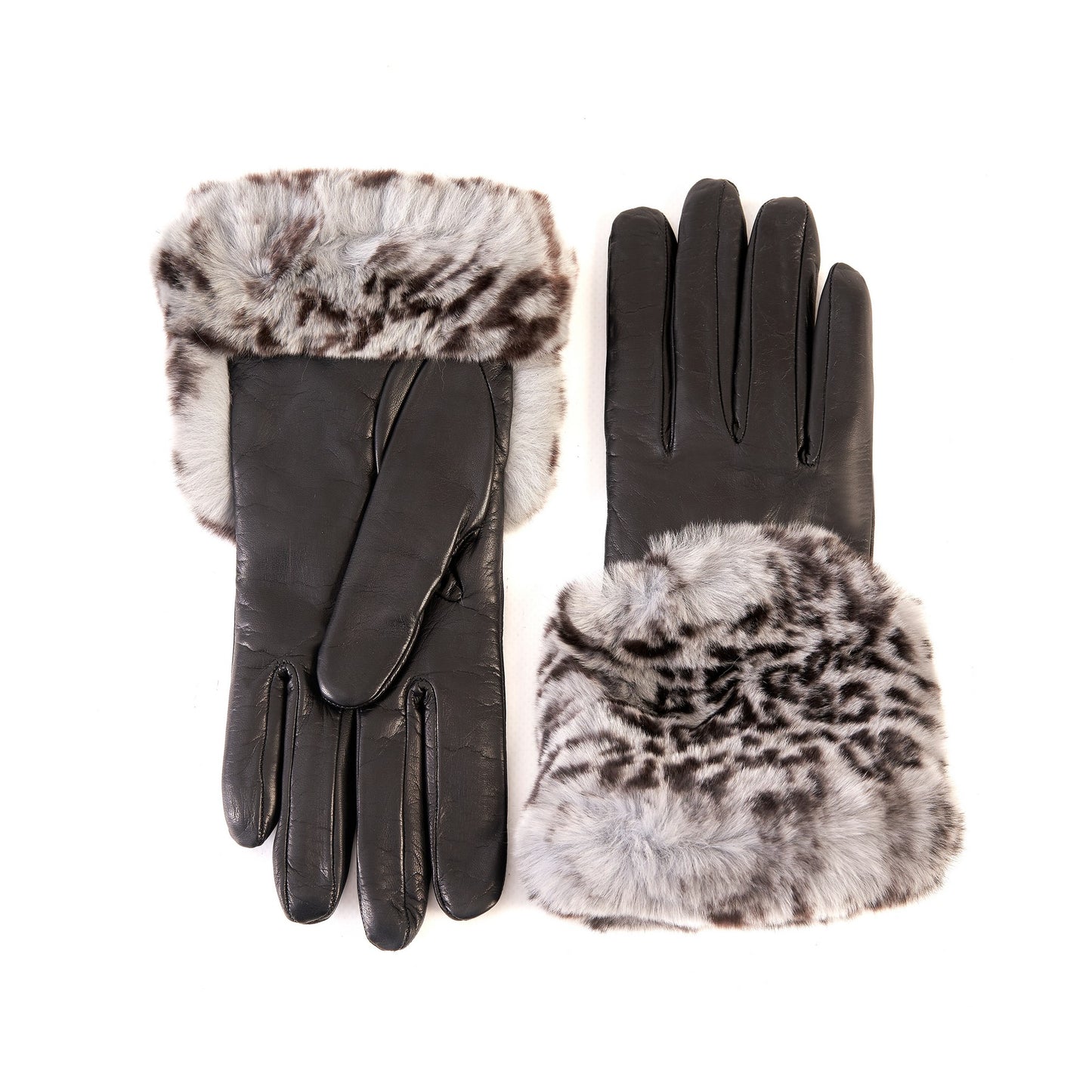 Women's black nappa leather gloves with a printed leo wide real fur panel on the top and cashmere lined