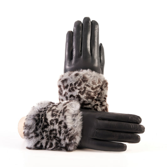 Women's black nappa leather gloves with a printed leo wide real fur panel on the top and cashmere lined