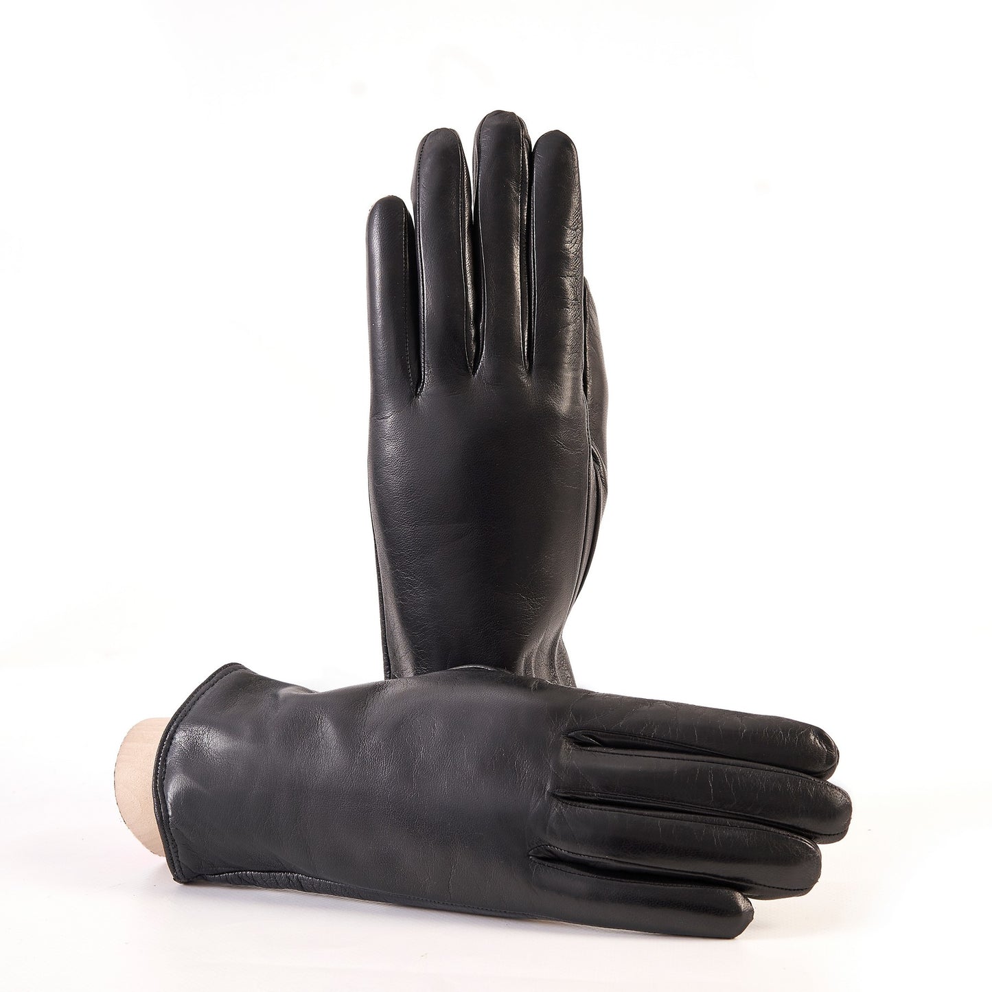 Women’s basic black soft nappa touchscreen leather gloves with palm opening and mix cashmere lining