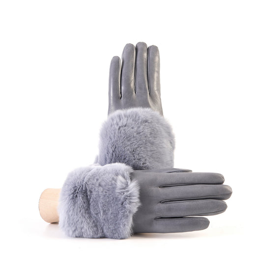 Women's grey nappa leather gloves with a wide real fur panel on the top and cashmere lined