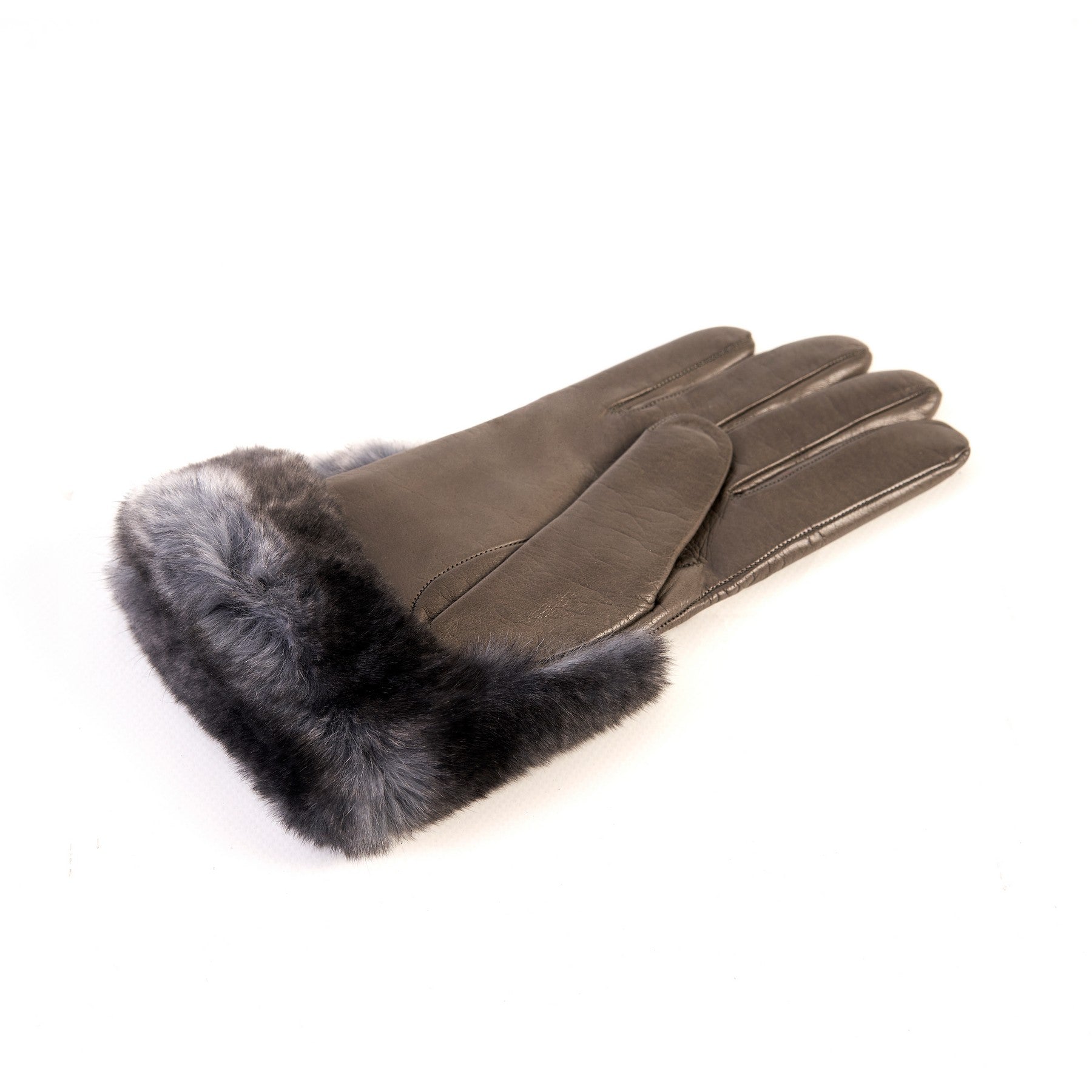 Women's mud nappa leather gloves with a wide real fur panel on the top and cashmere lined