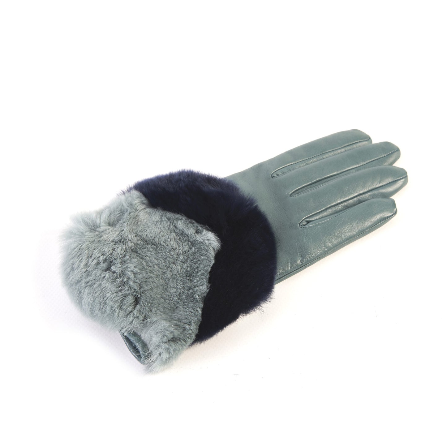 Women's green nappa leather gloves with a wide real fur panel on the top and cashmere lined