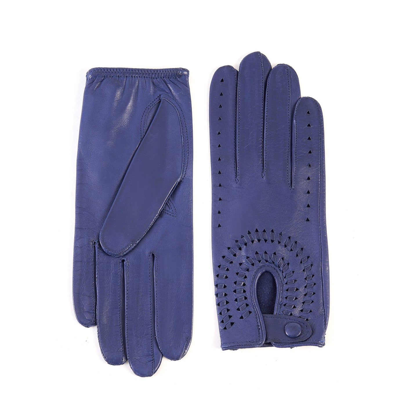 Women's unlined blue leather driving gloves with button closure