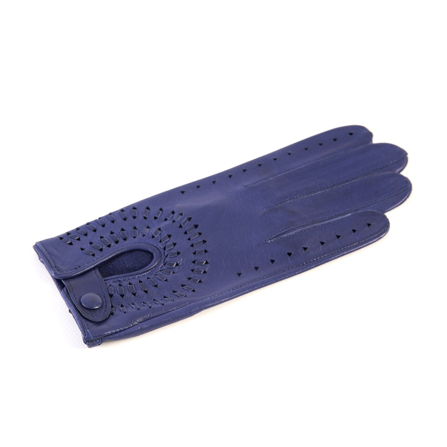 Women's unlined blue leather driving gloves with button closure
