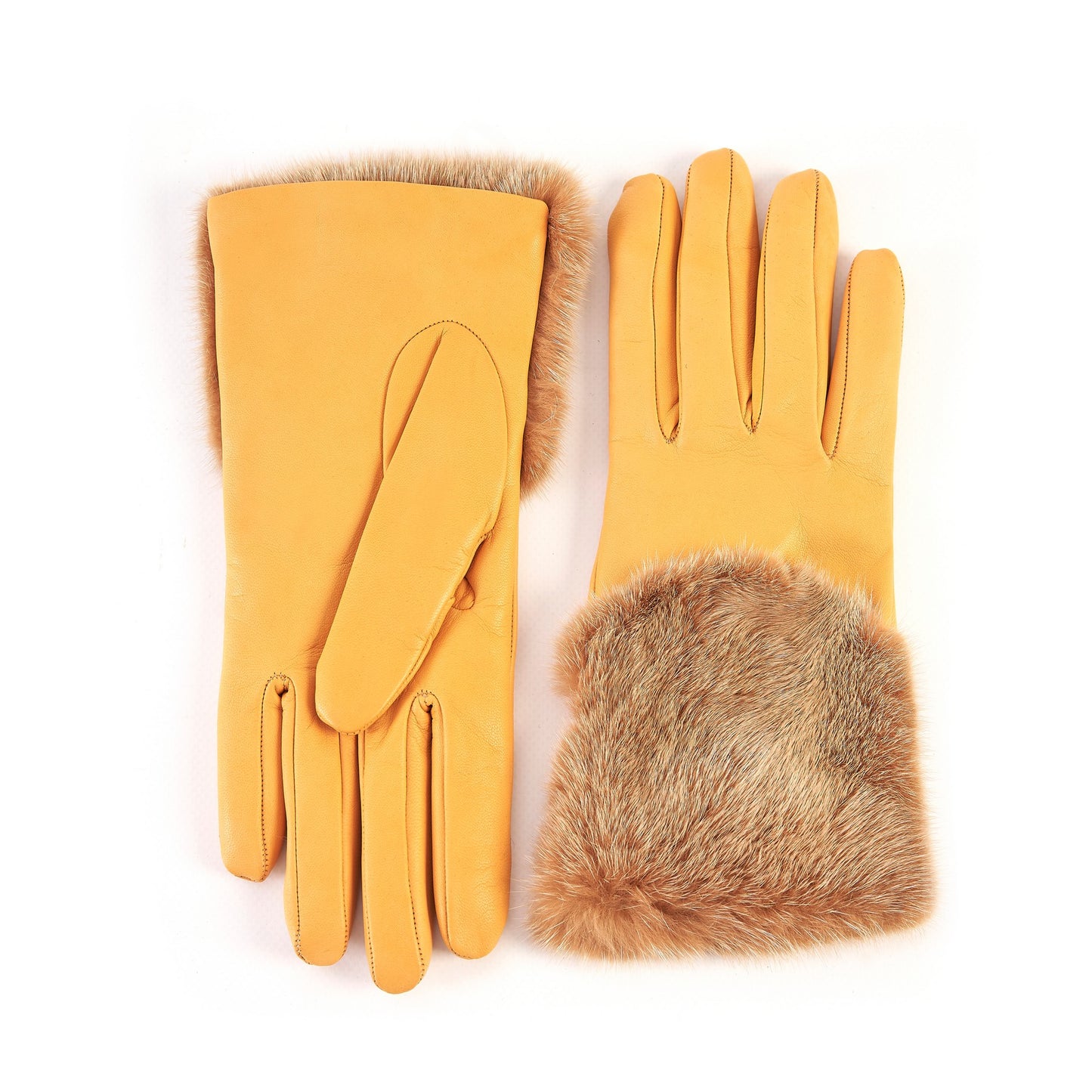 Women's yellow nappa leather gloves with a wide real fur panel on the top and cashmere lined