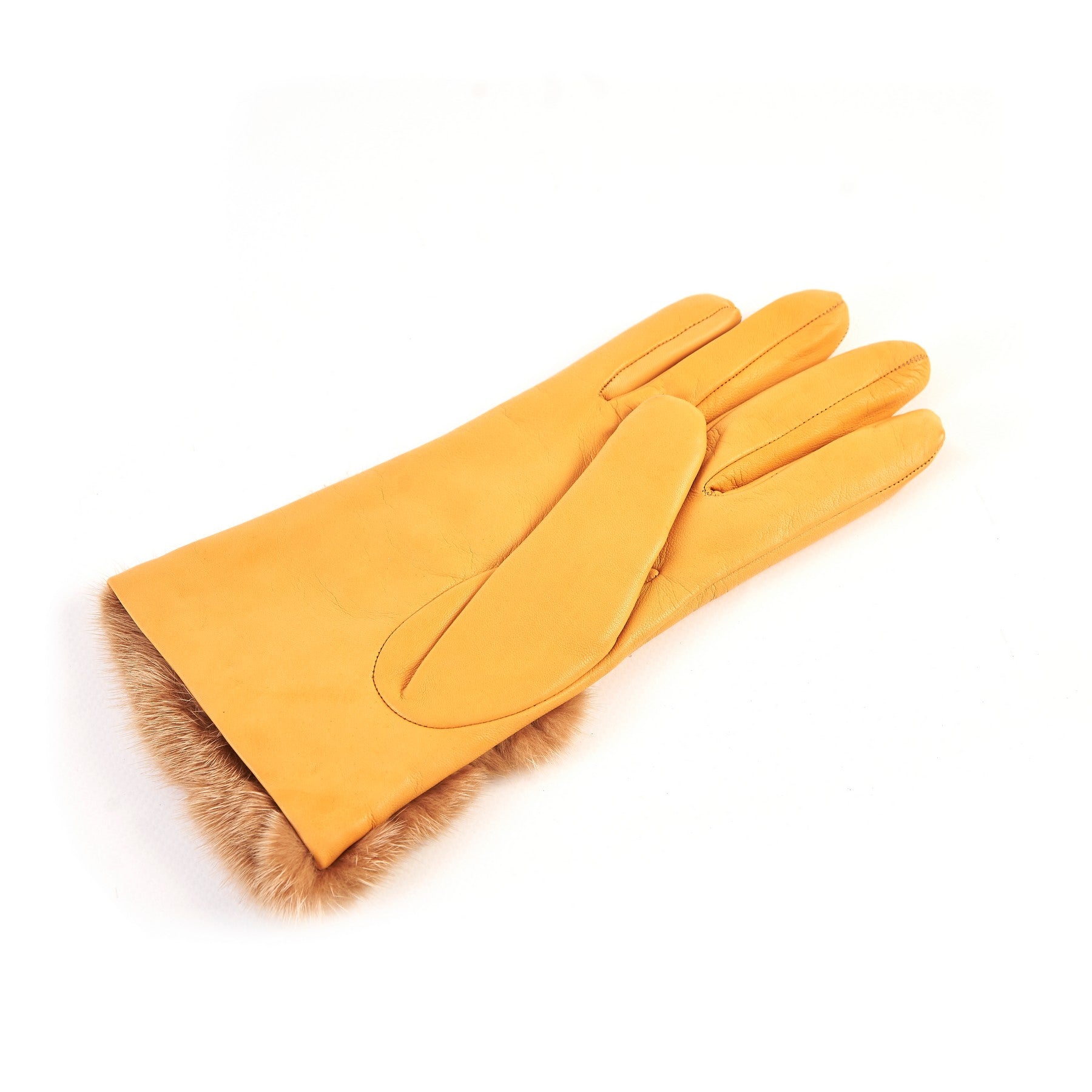 Women's yellow nappa leather gloves with a wide real fur panel on the top and cashmere lined