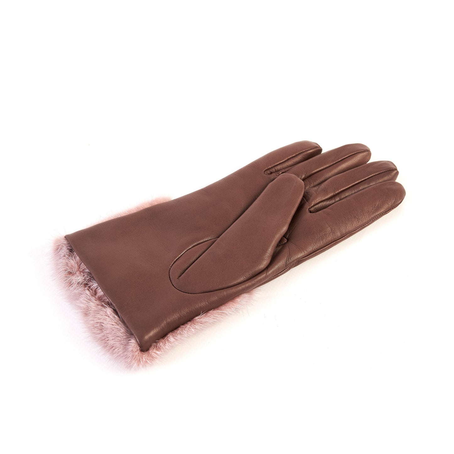 Women's chocolate nappa leather gloves with a wide real fur panel on the top and cashmere lined