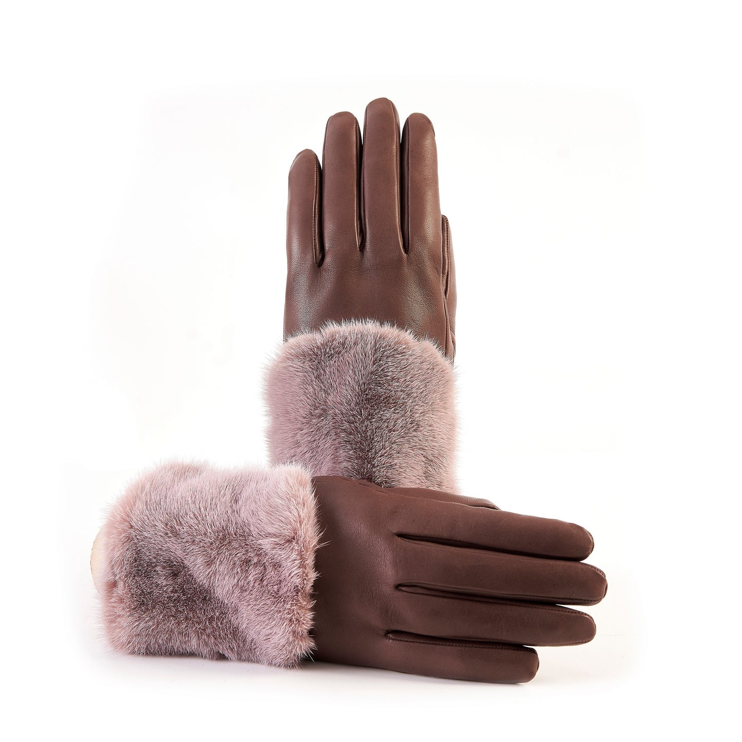 Women's chocolate nappa leather gloves with a wide real fur panel on the top and cashmere lined