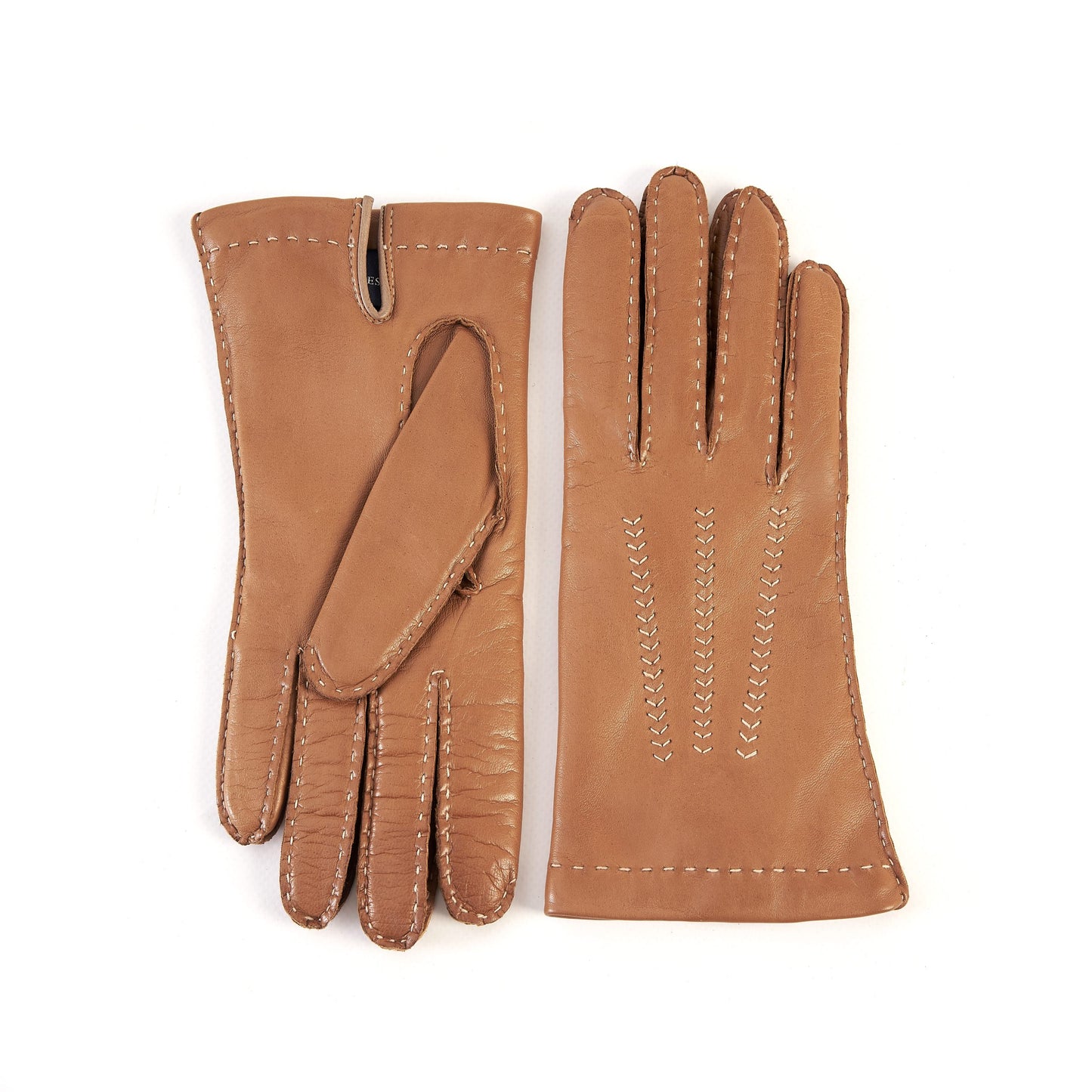 Women's classic camel nappa leather gloves entirely hand-sewn with cashmere lining