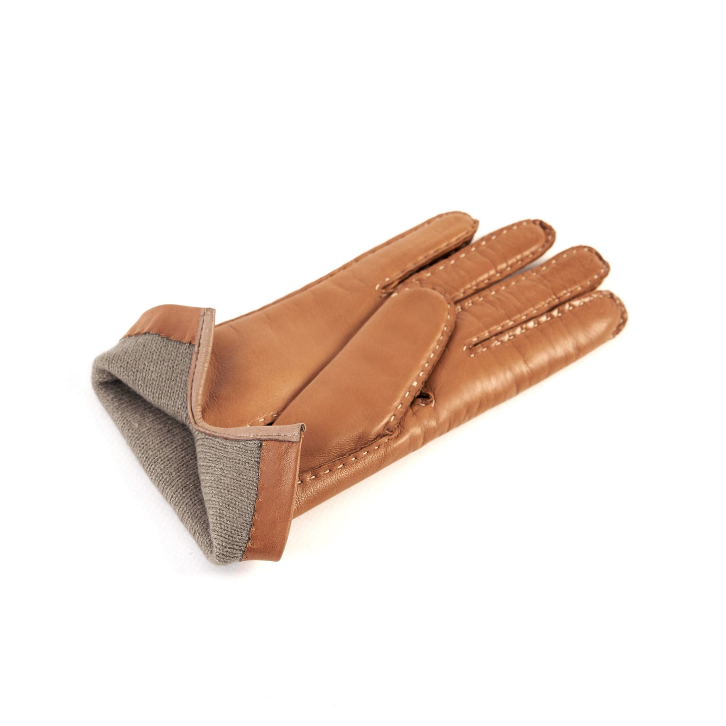Women's classic camel nappa leather gloves entirely hand-sewn with cashmere lining