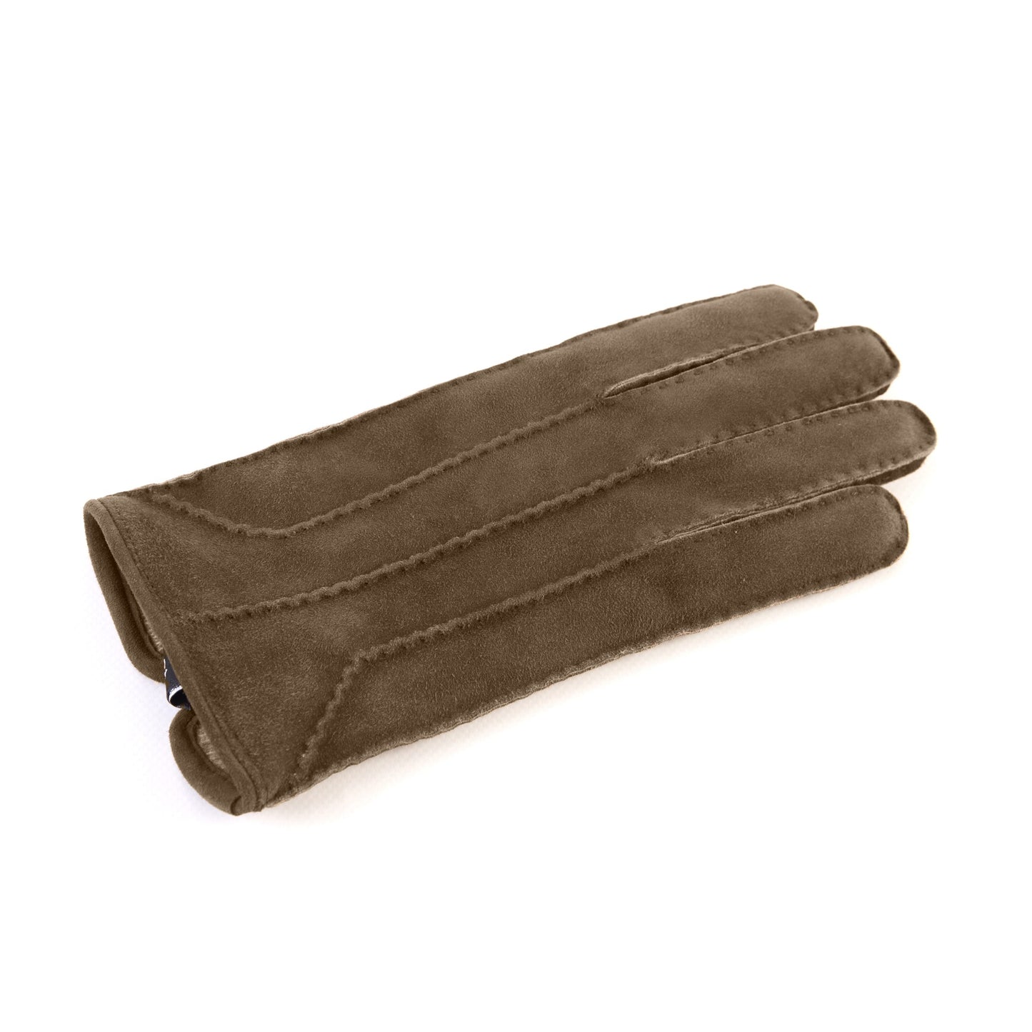 Men's hand-stitched brown suede leather gloves with stylized piping and cashmere lining