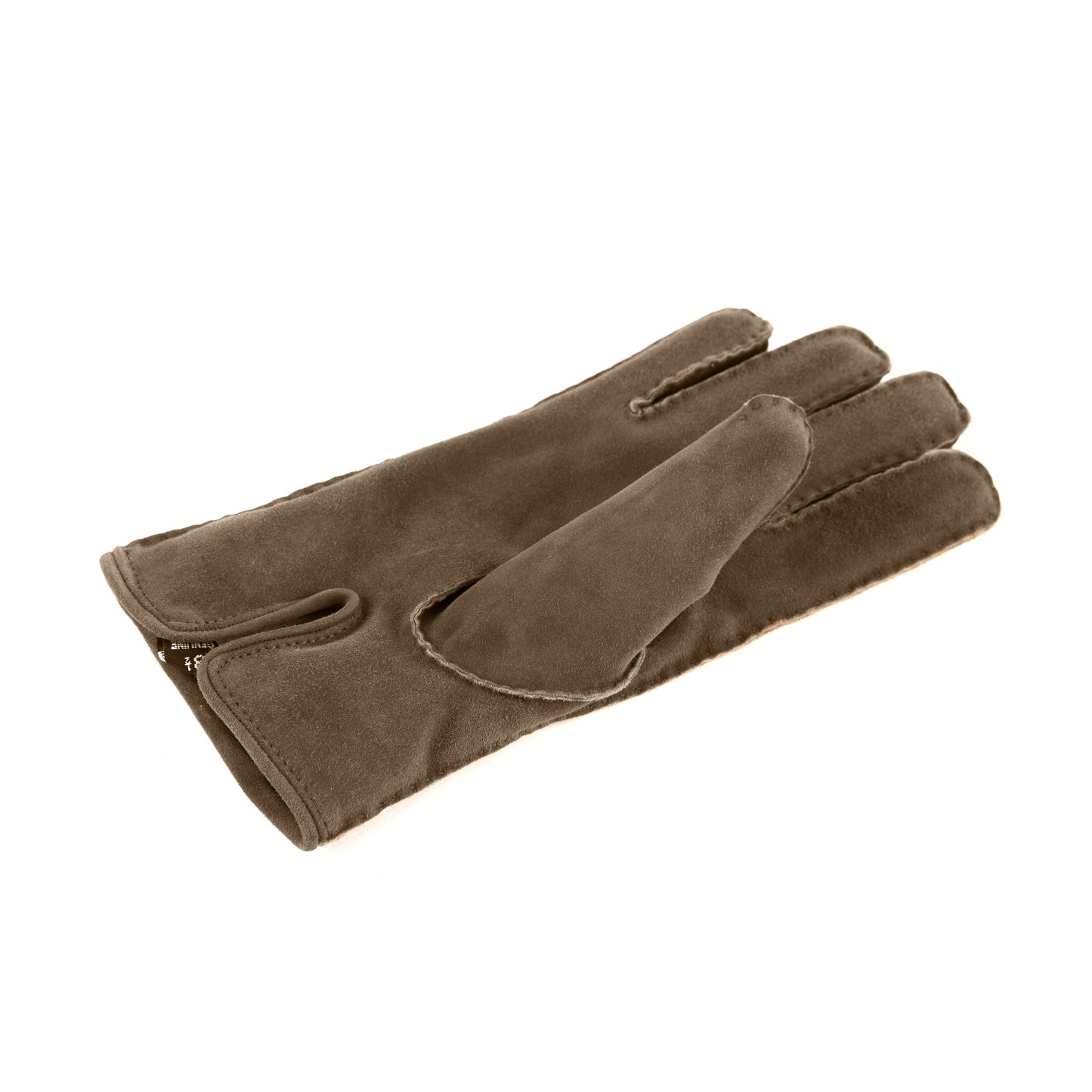 Men's hand-stitched brown suede leather gloves with stylized piping and cashmere lining