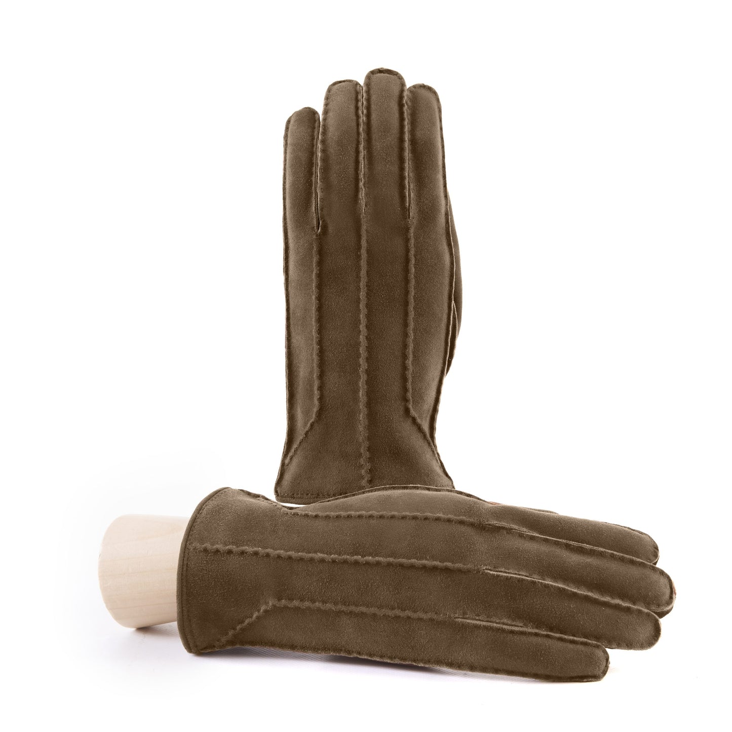 Men's hand-stitched brown suede leather gloves with stylized piping and cashmere lining