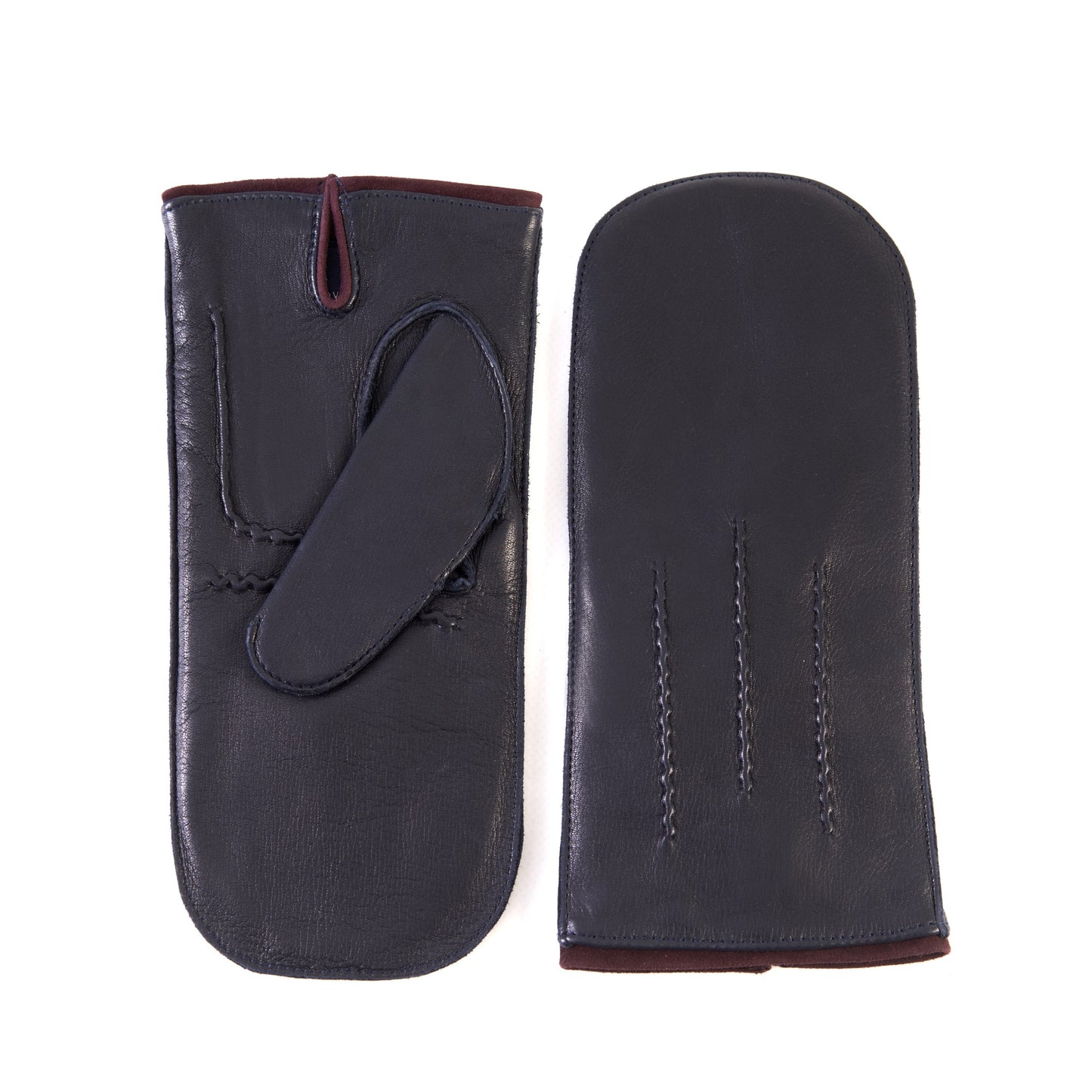 Men's blue deerskin mitten gloves with suede piping and cashmere lining