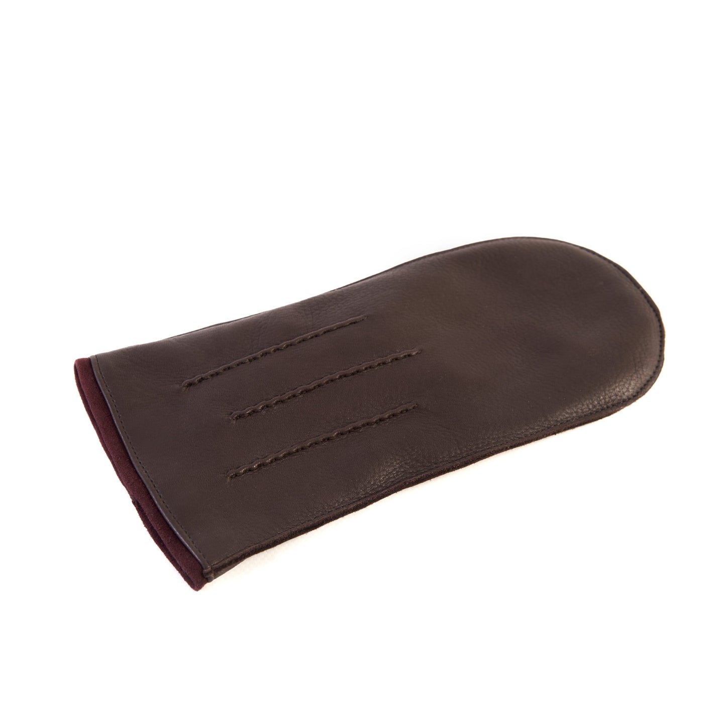 Men's brown deerskin mitten gloves with suede piping and cashmere lining