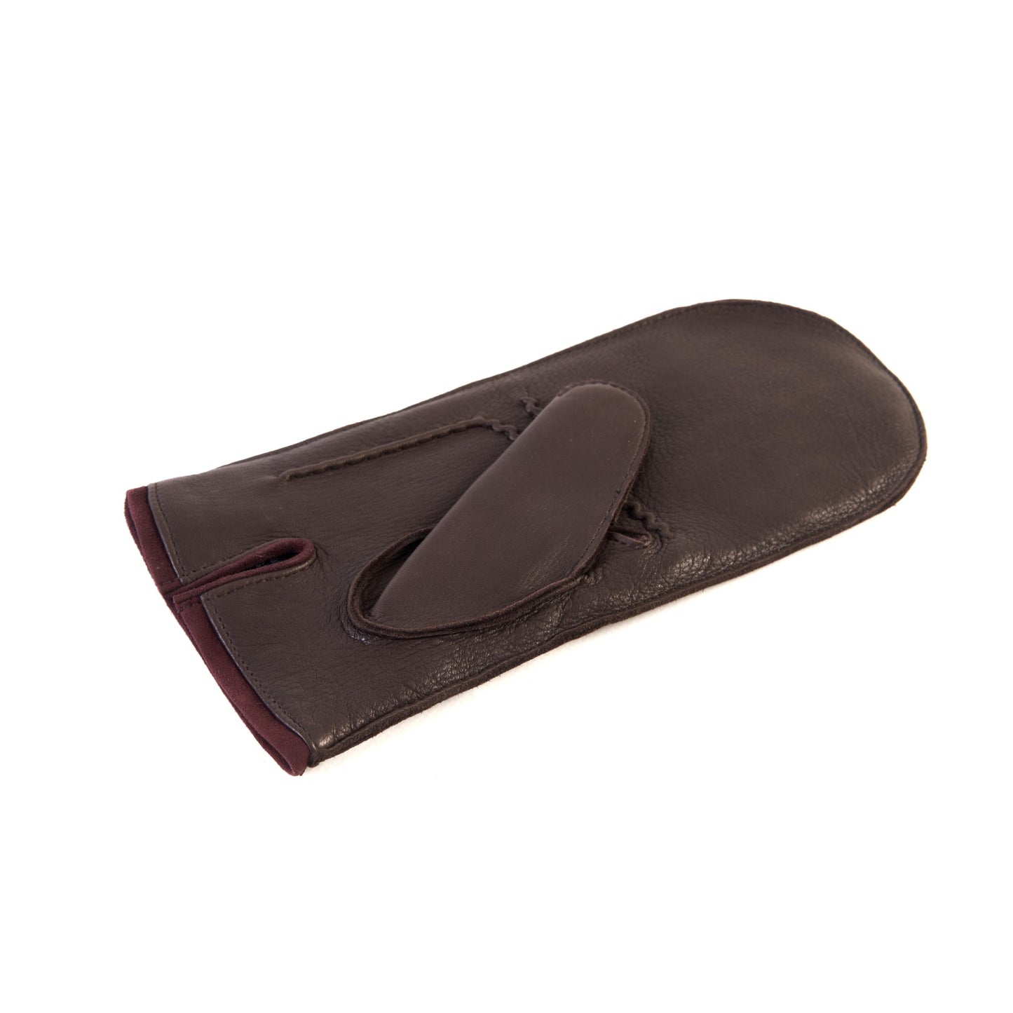 Men's brown deerskin mitten gloves with suede piping and cashmere lining