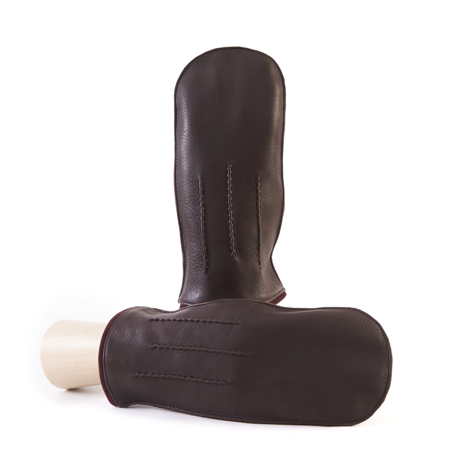 Men's brown deerskin mitten gloves with suede piping and cashmere lining
