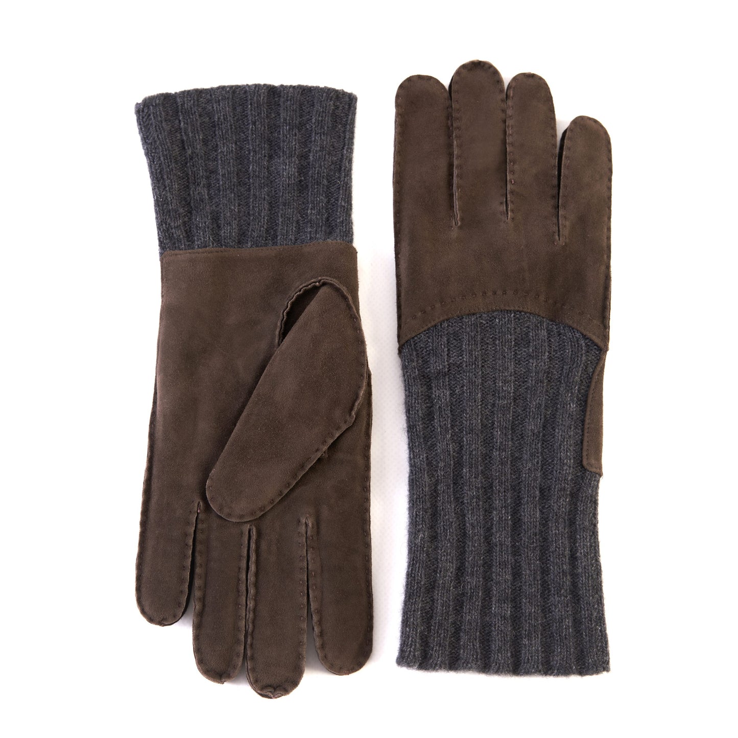 Men's hand-stitched brown suede gloves with grey wool lining with cuff