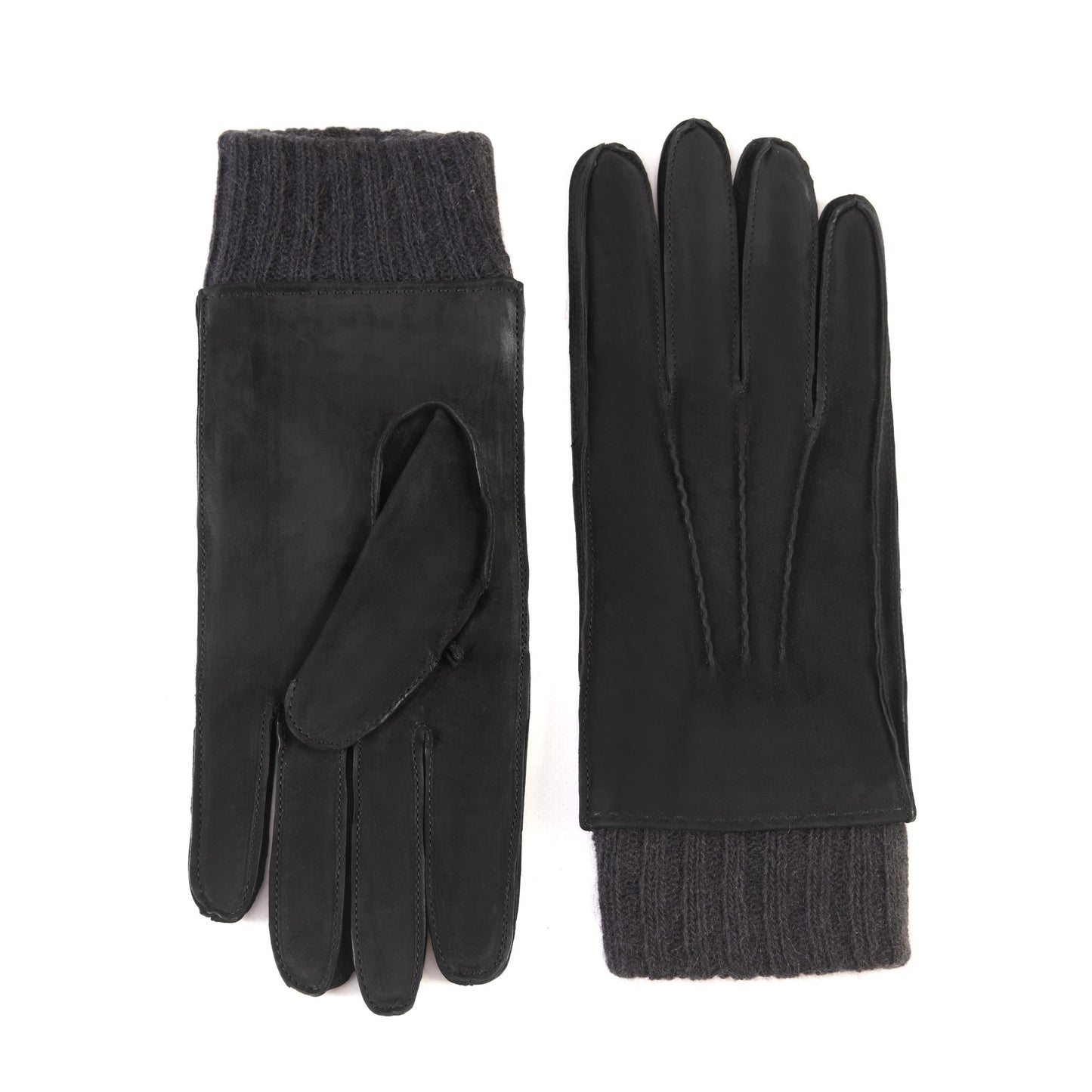 Men's black nubuk gloves with dark grey cashmere lining with cuff