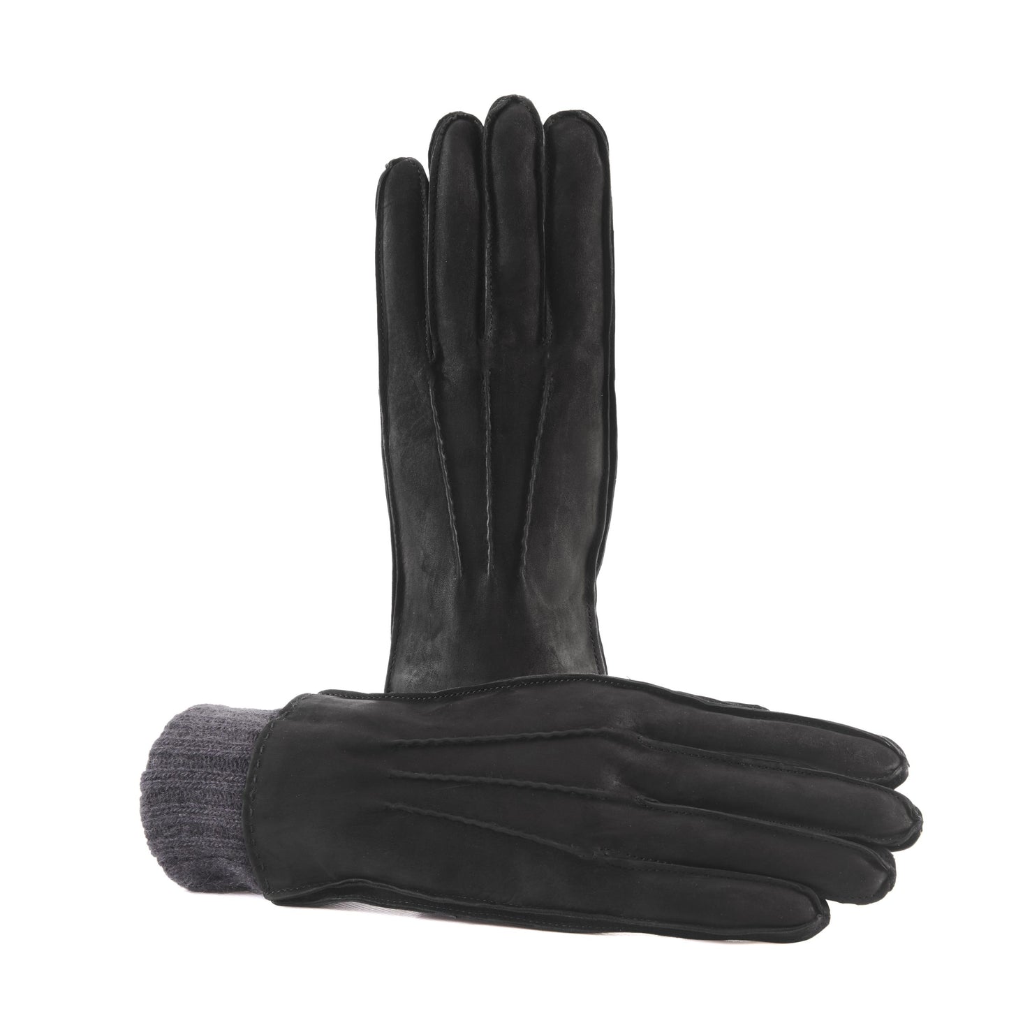 Men's black nubuk gloves with dark grey cashmere lining with cuff