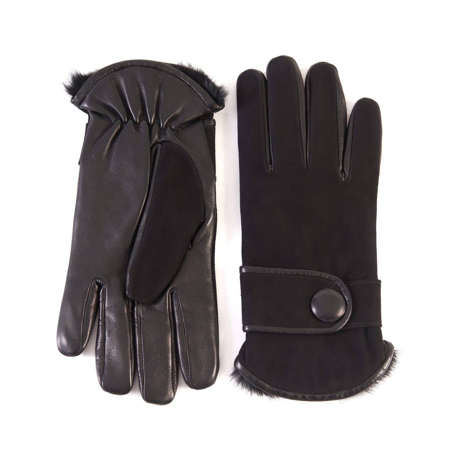 Men's black nappa and suede leather gloves with button and real fur lining