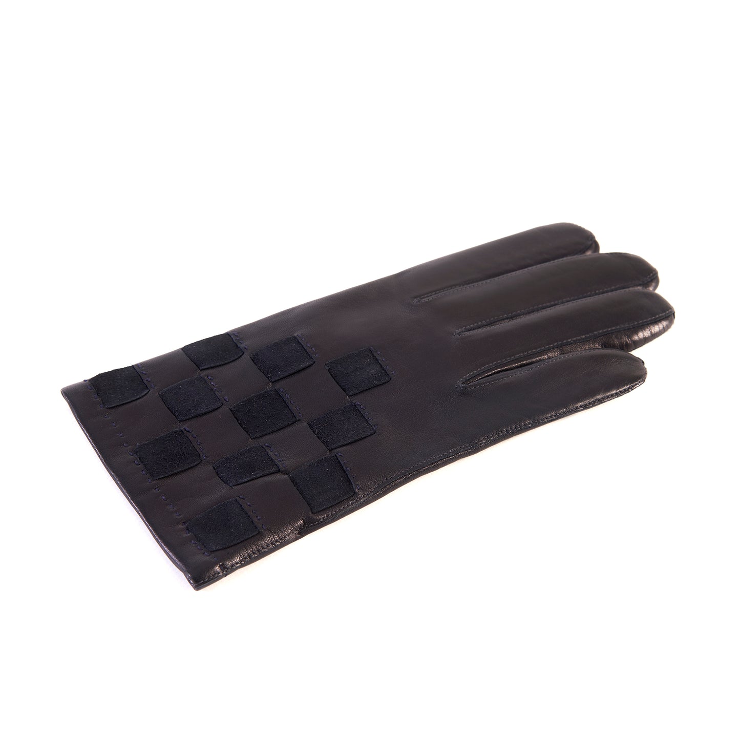 Men's dark navy leather gloves with suede panel inserts on top mix cashmere lined