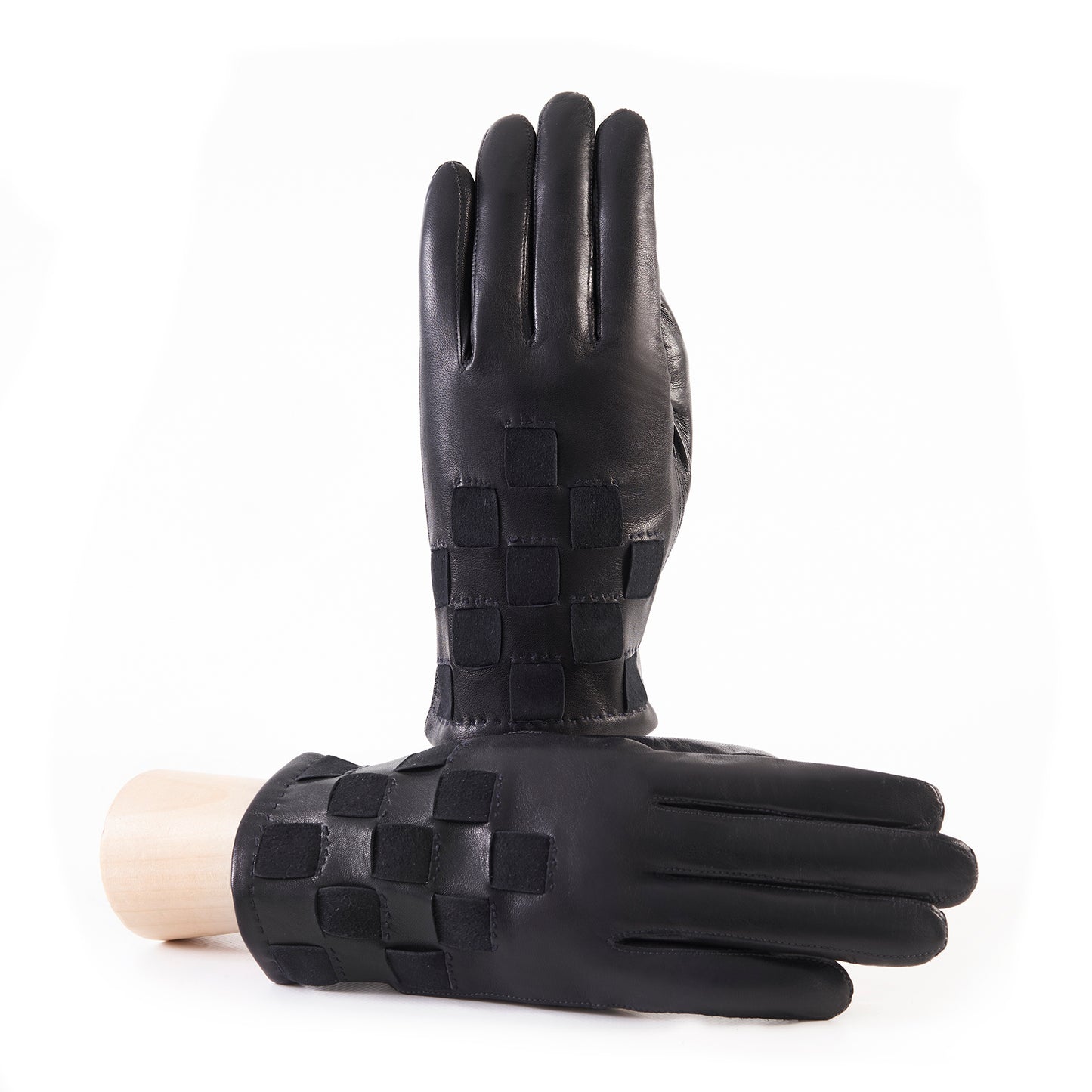 Men's dark navy leather gloves with suede panel inserts on top mix cashmere lined