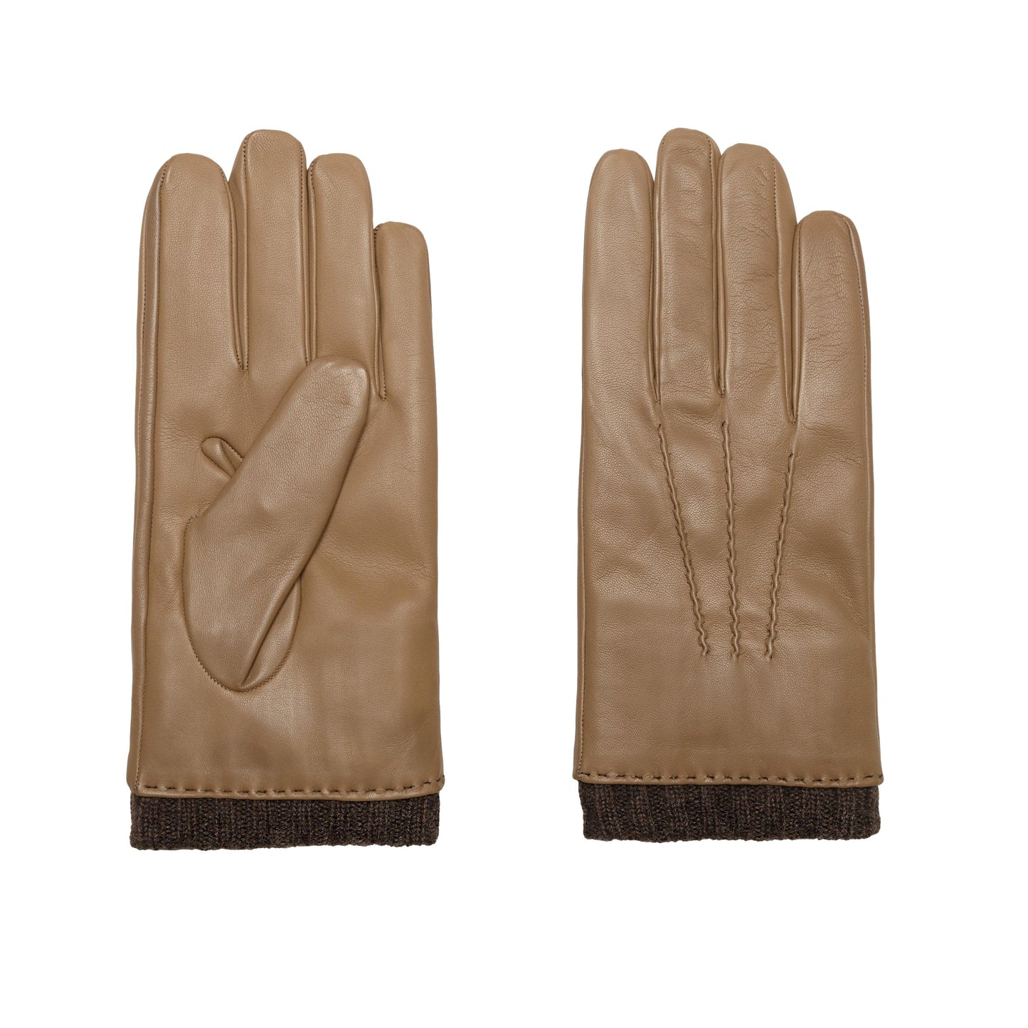 Men's taupe metal free nappa leather gloves with natural rib cuff and cashmere lining