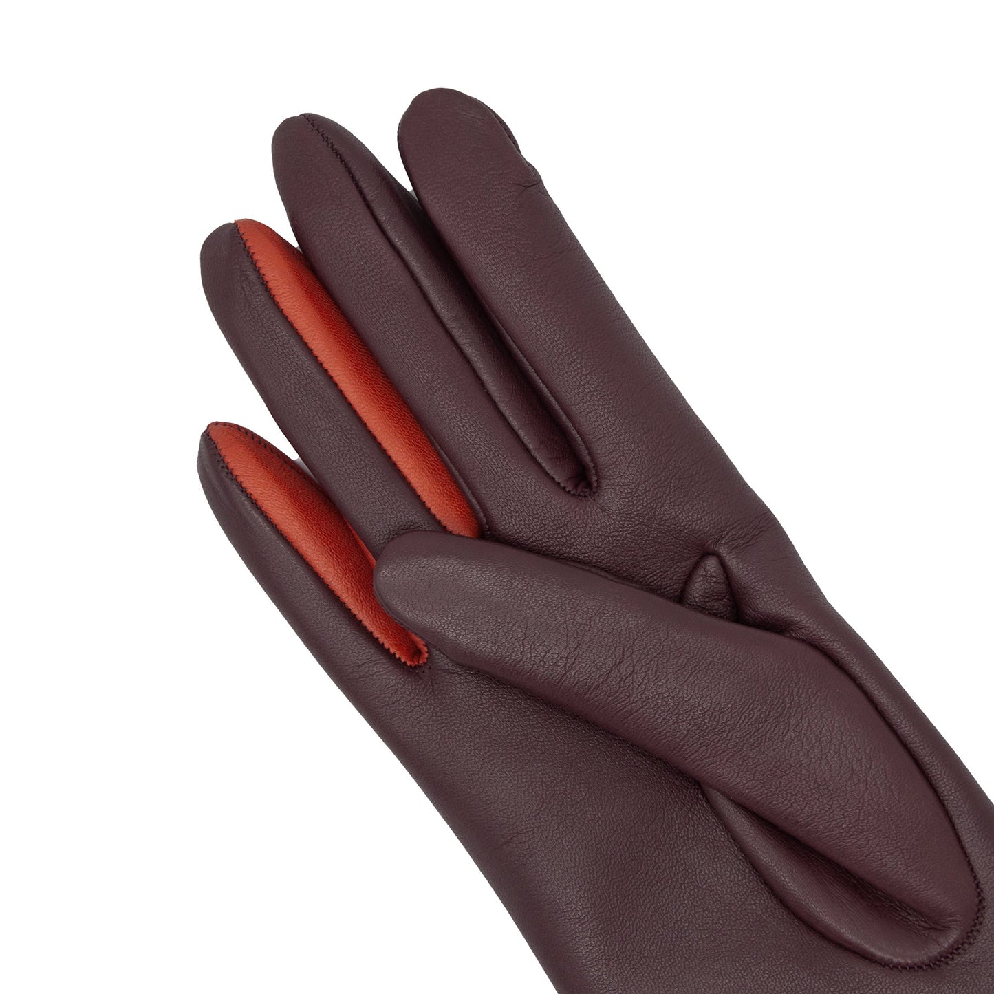 Women's bordeaux and orange metal free nappa leather gloves unlined with sustainable cashmere lining