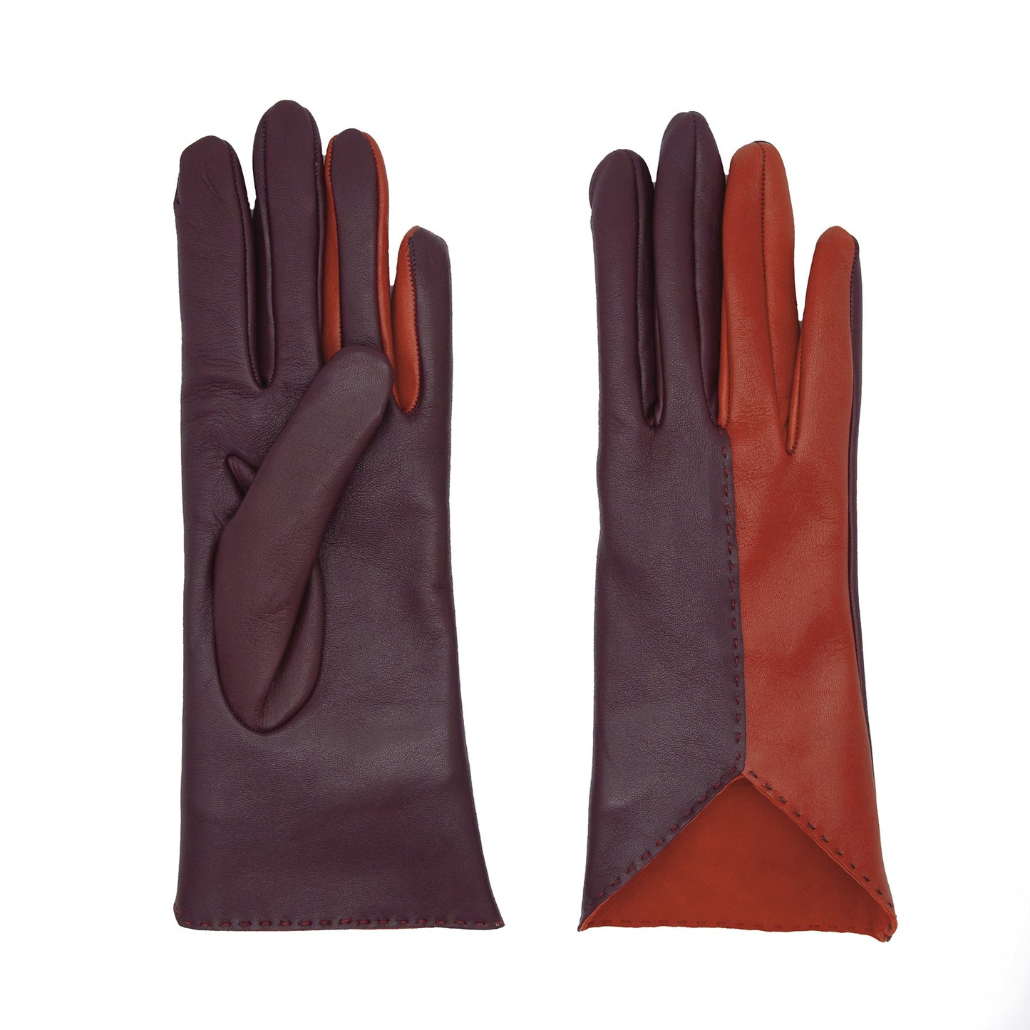Women's bordeaux and orange metal free nappa leather gloves unlined with sustainable cashmere lining