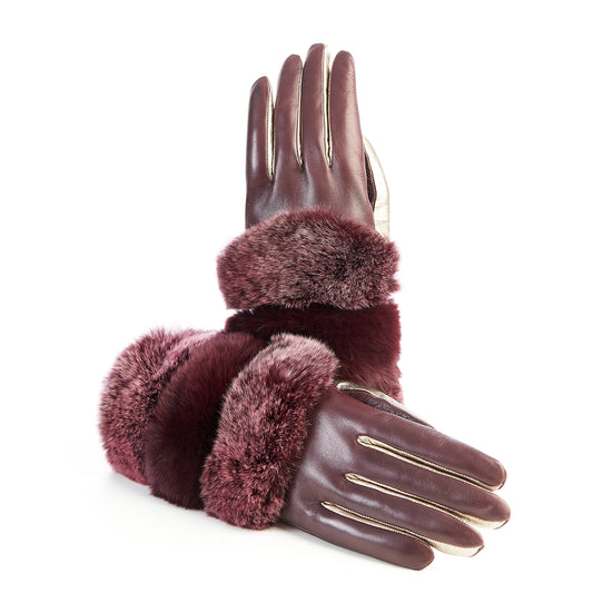 Women's gloves in bordeaux and gold nappa leather with natural fur