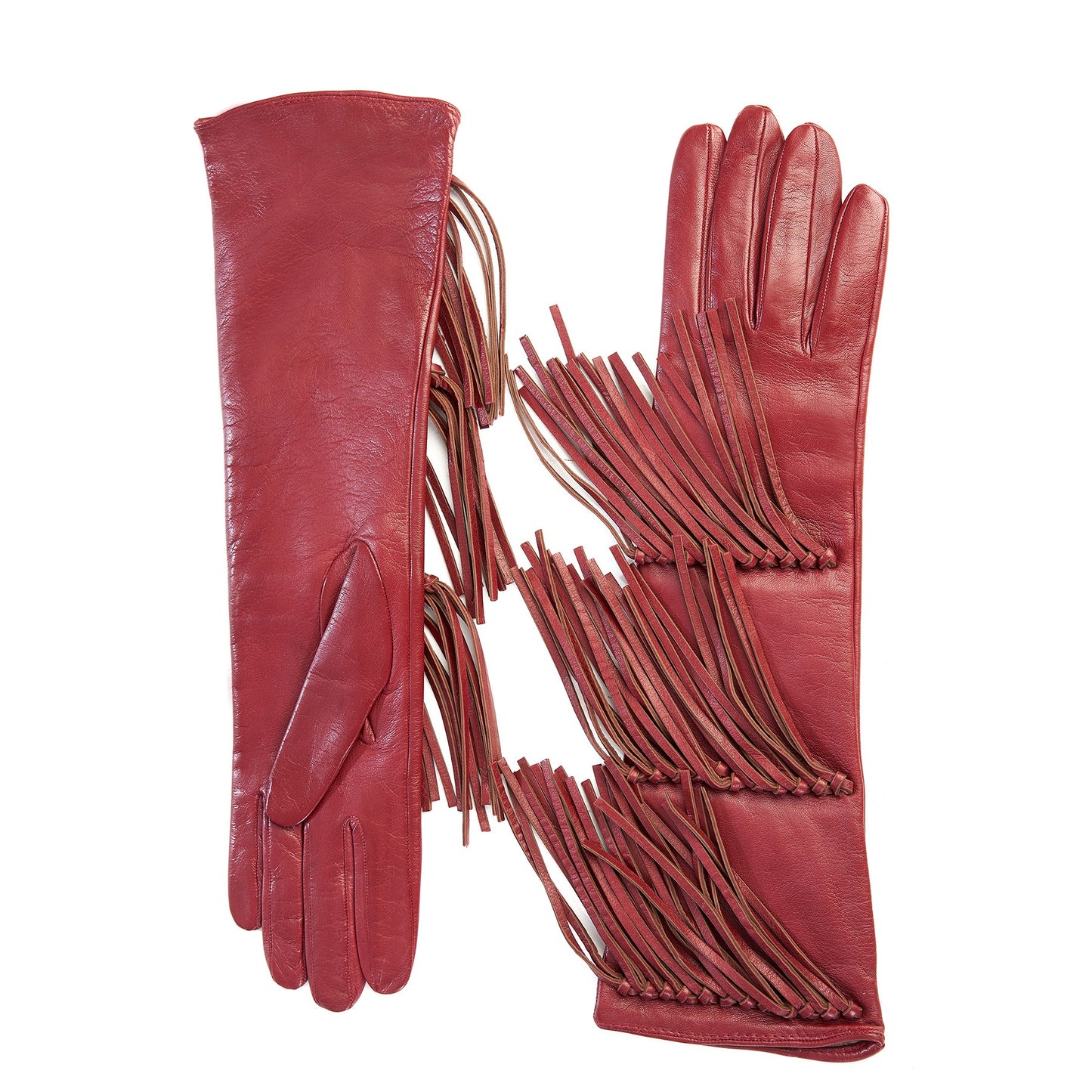 Women's red leather gloves with fringes silk lined