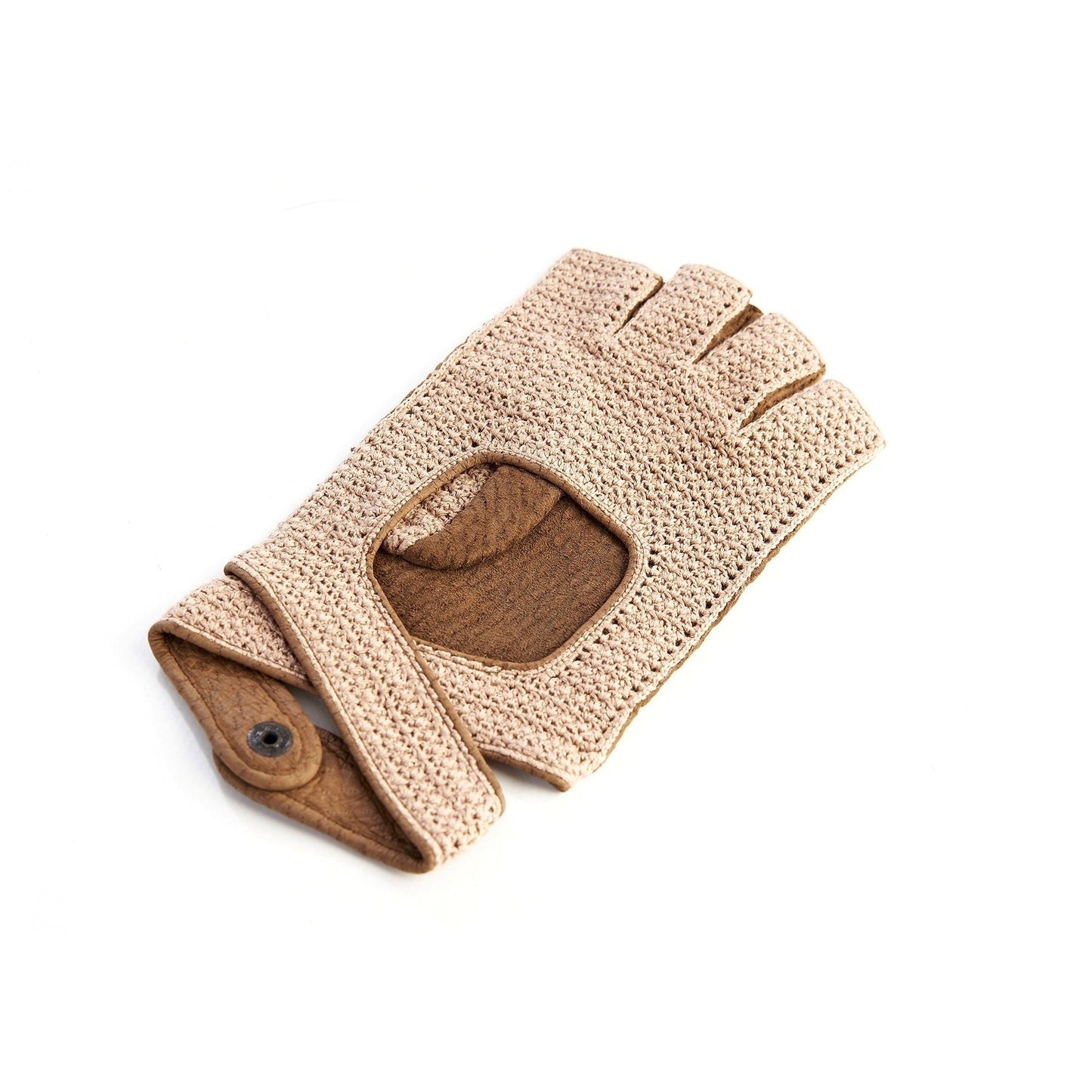 Men's peccary fingerless driving gloves with crochet top and strap detail