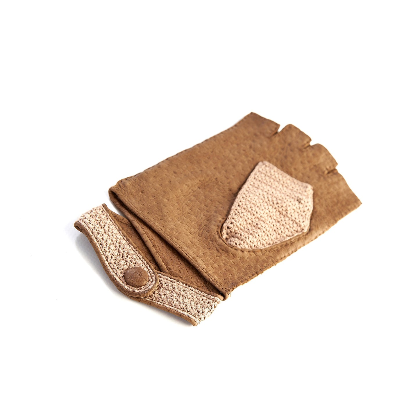 Men's peccary fingerless driving gloves with crochet top and strap detail