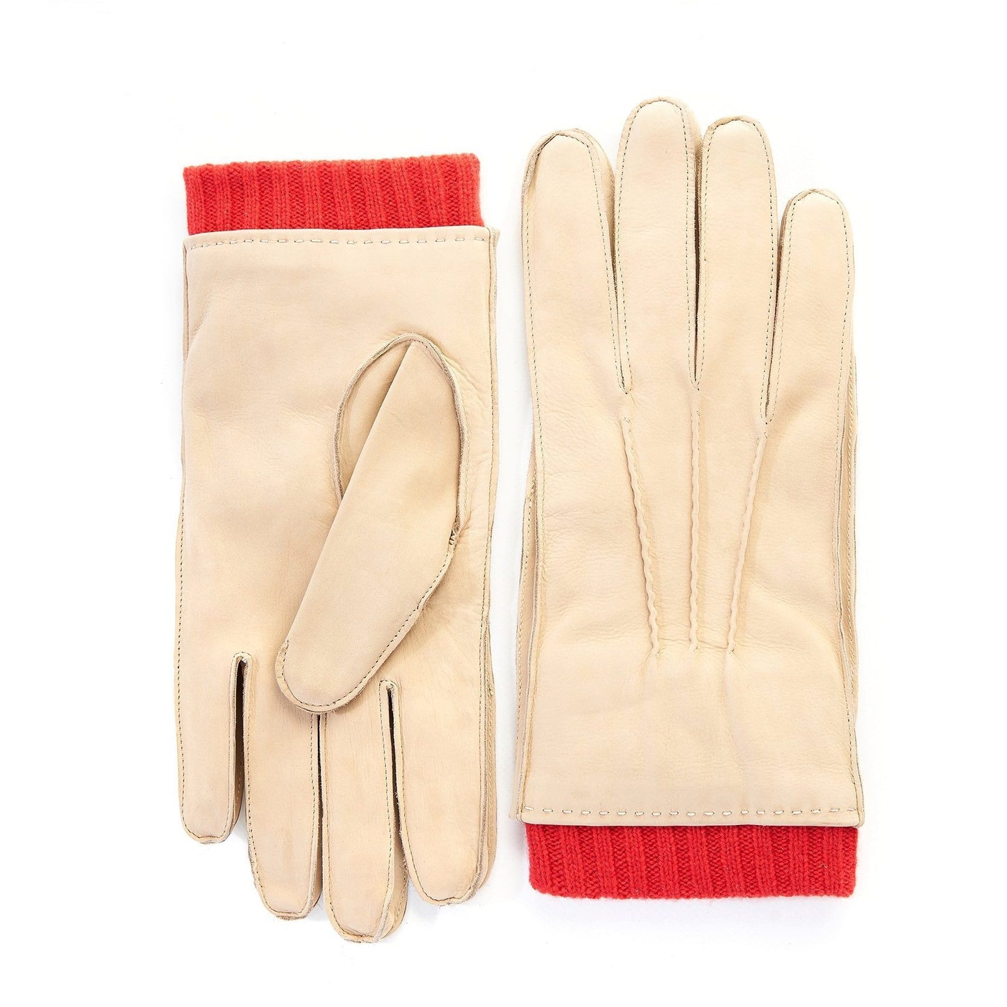 Men's nubuk gloves in beige color with red cashmere lining with cuff