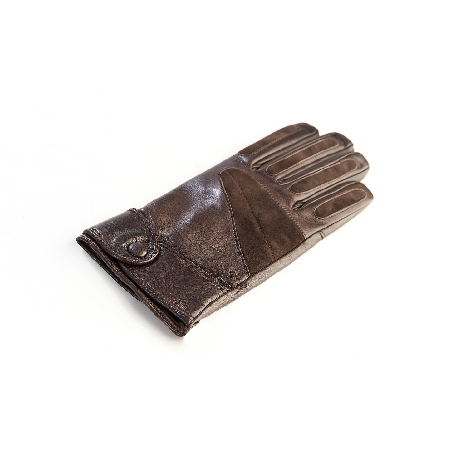 Men's sport gloves in brown leather with suede insert and large strap details and cashmere lining