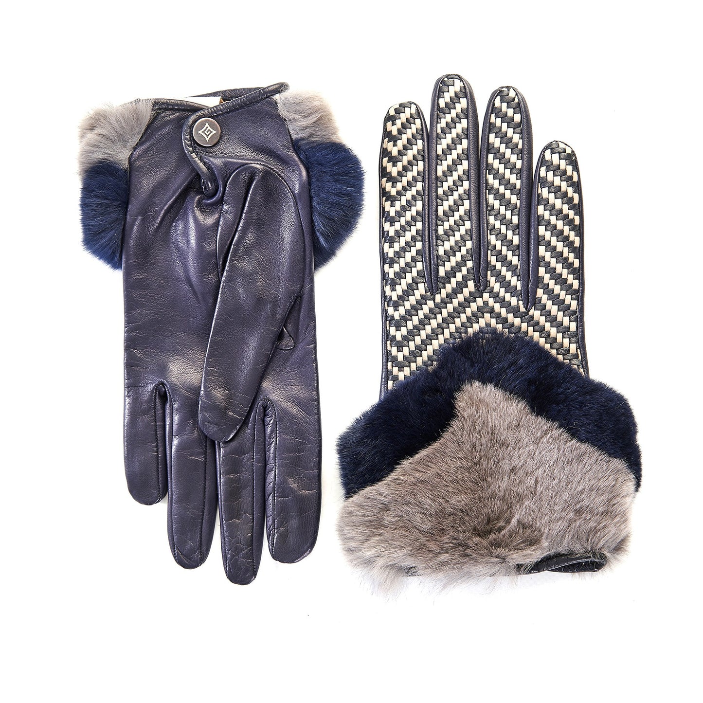 Women's blue leather gloves with bicolor woven top panel and rex rabbit fur cuff
