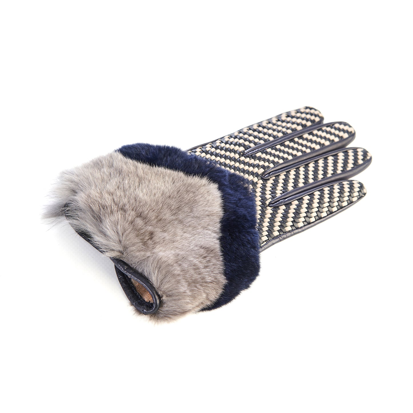 Women's blue leather gloves with bicolor woven top panel and rex rabbit fur cuff
