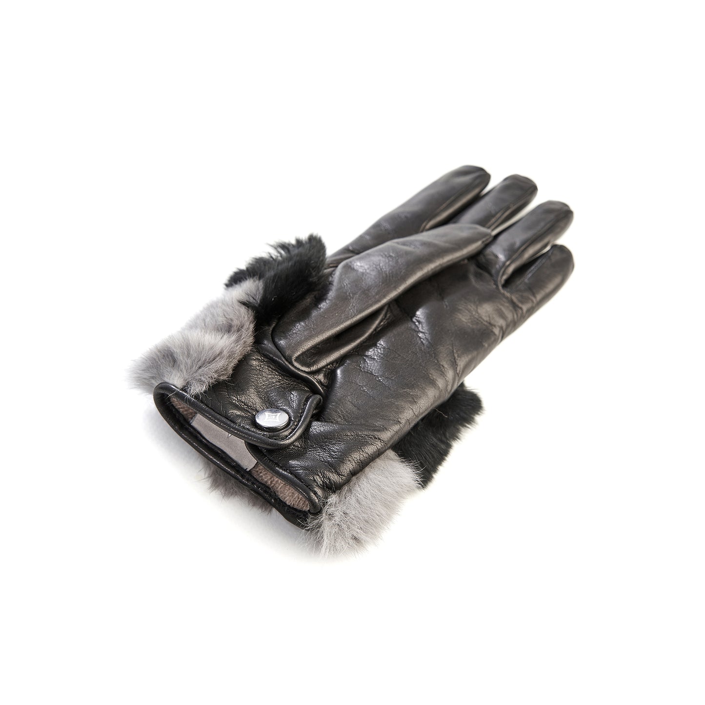 Women's black leather gloves with bicolor woven top panel and rex rabbit fur cuff