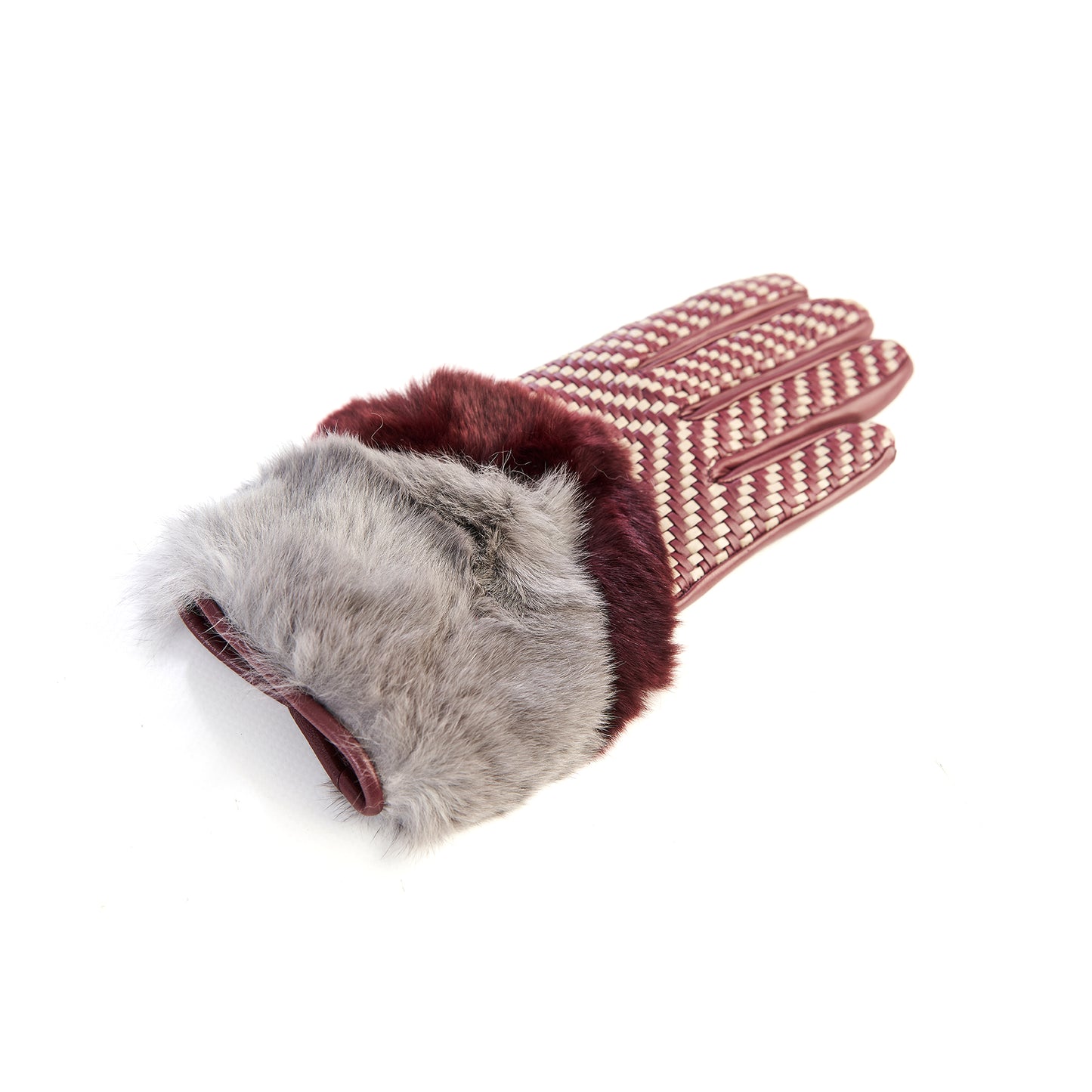 Women's bordeaux leather gloves with bicolor woven top panel and rex rabbit fur cuff