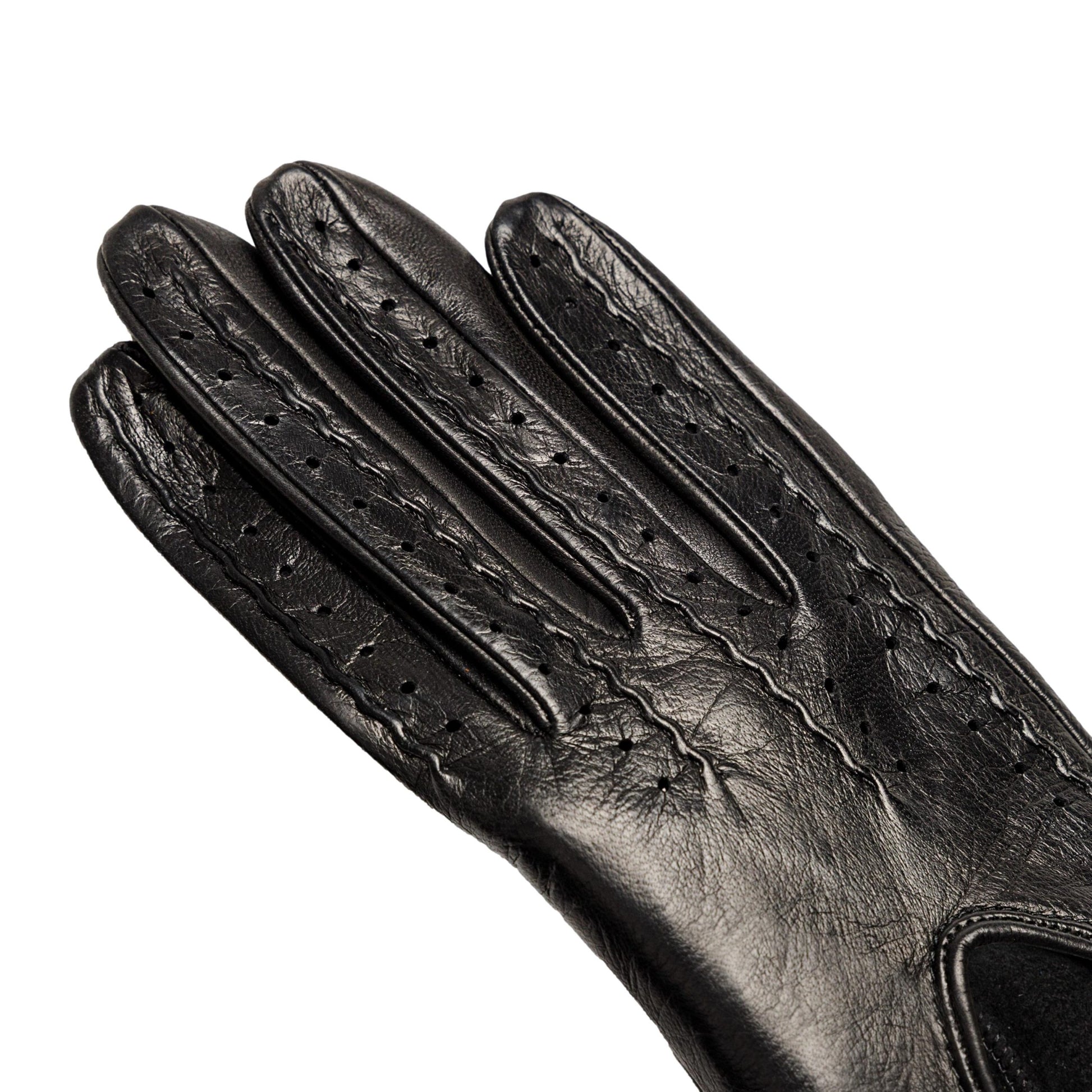 Women's black nappa leather driving gloves with points on fingers and unlined