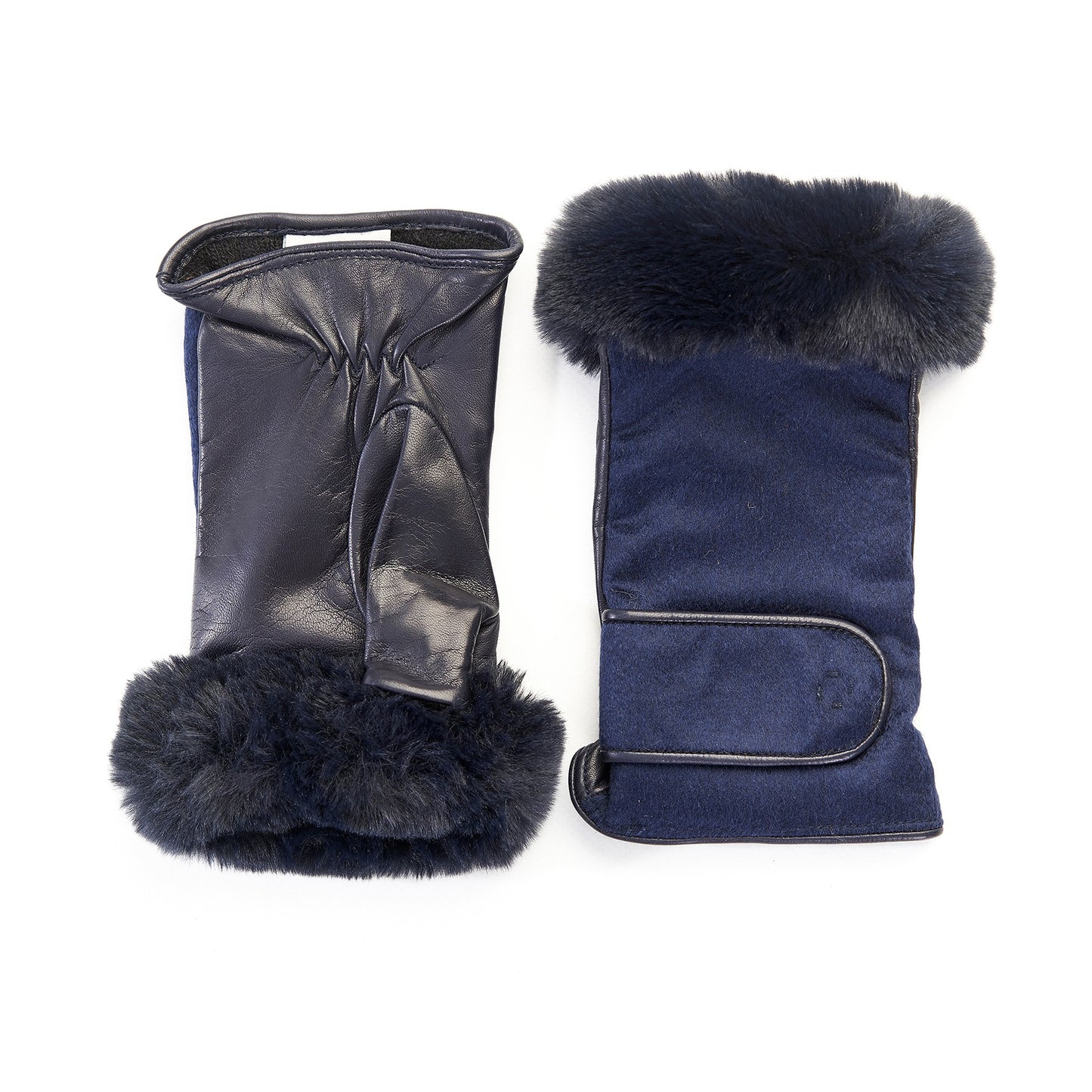 Women's blue leather fingerless with pure Holland & Sherry cashmere top and eco fur detail on finger tips