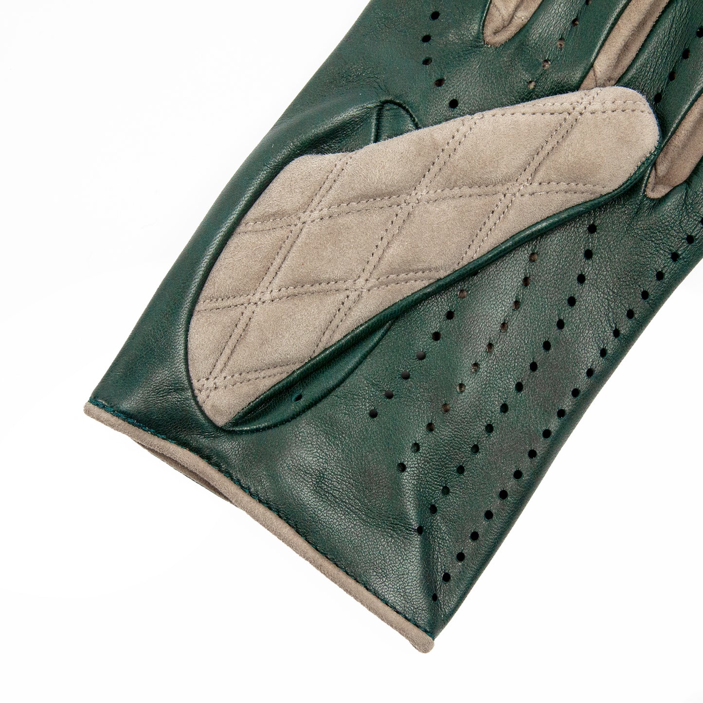 Men's green nappa and taupe quilted suede unlined gloves
