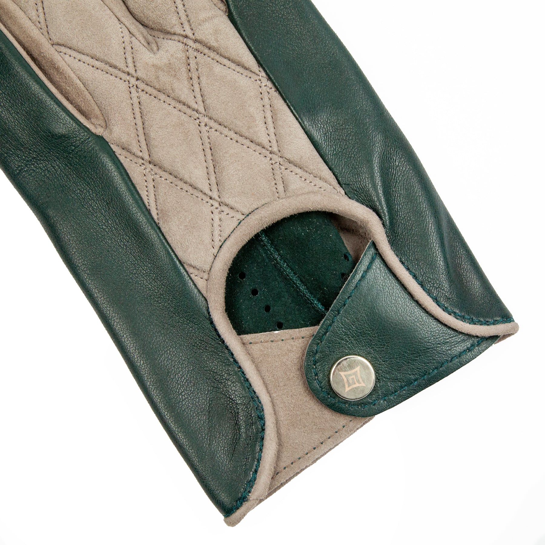 Men's green nappa and taupe quilted suede unlined