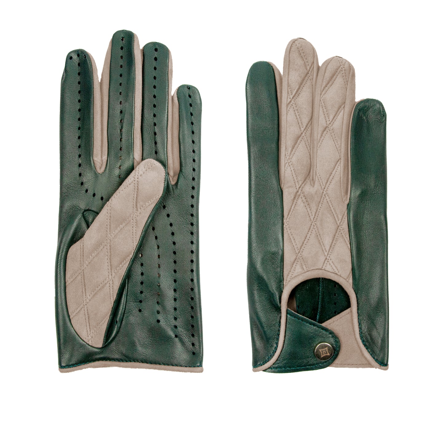 Men's green nappa and taupe quilted suede unlined gloves