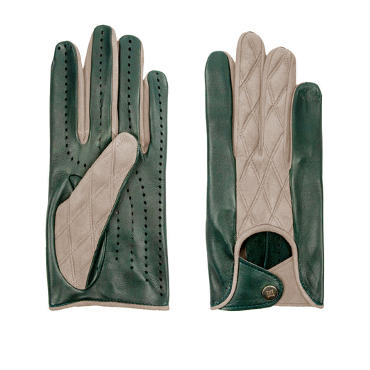 Men's green nappa and taupe quilted suede unlined gloves