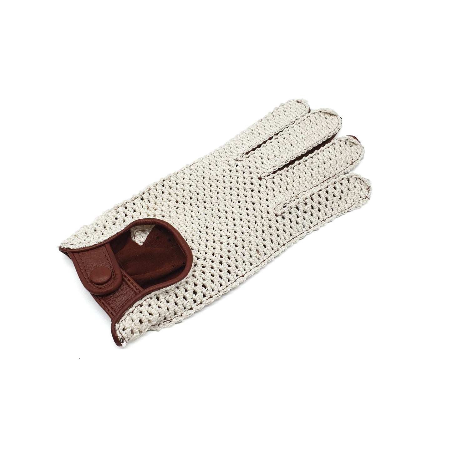 Men's cognac leather driving gloves with crochet top