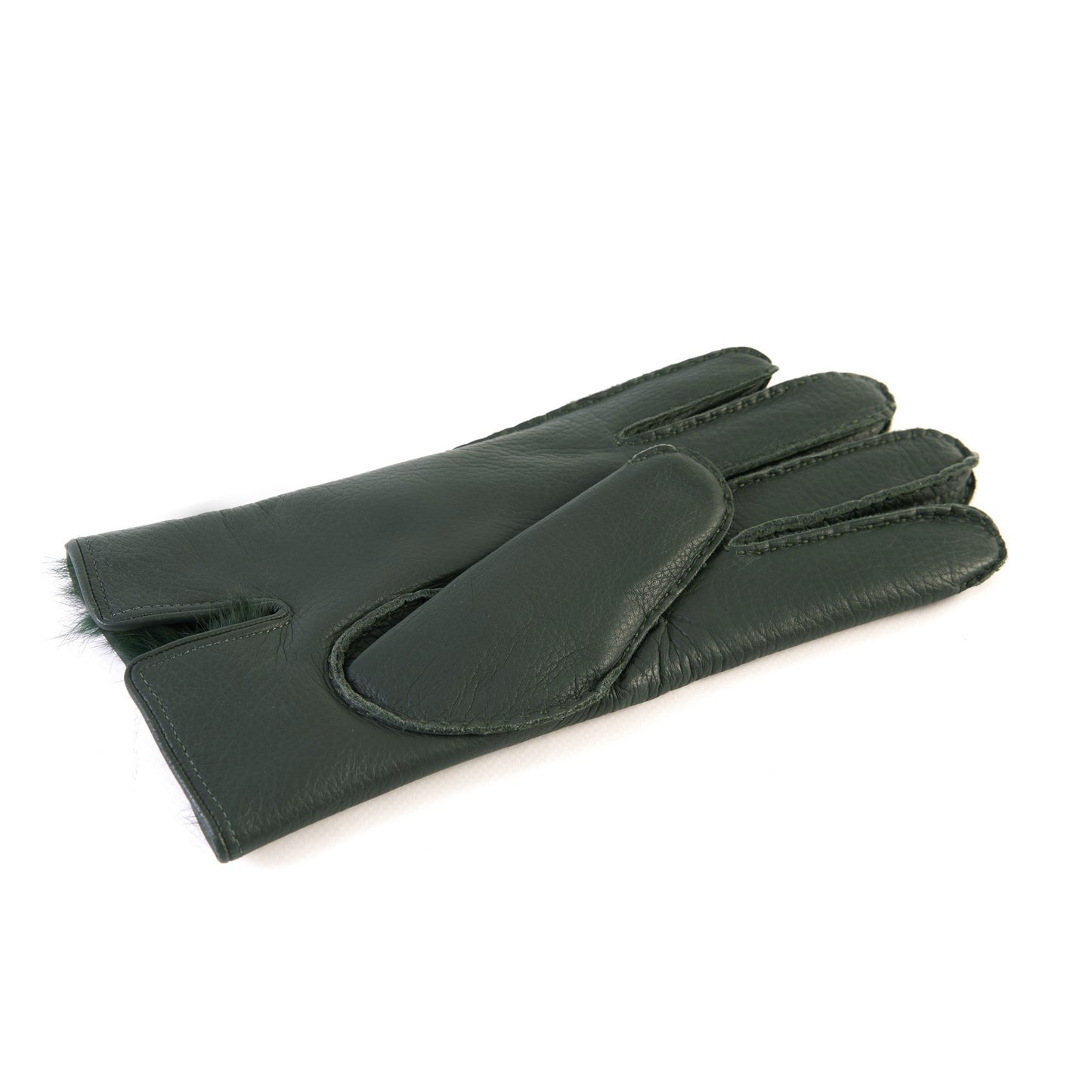 Men's fully hand-stitched taupe elk leather gloves with soft dyed natural fur lining
