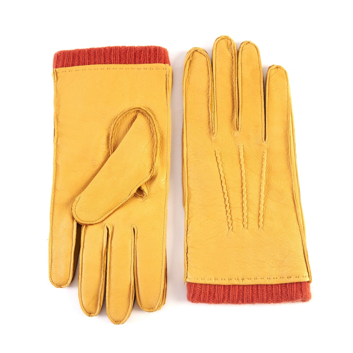 Men's yellow deerskin gloves with orange cashmere lining with cuff